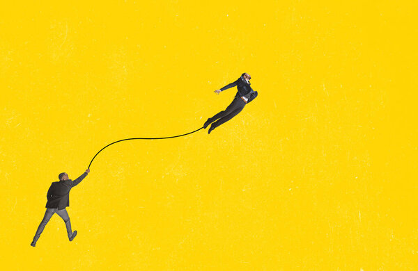 Contemporary art collage. Man holding one flying businessman symbolizing new ideas, motivation and growth