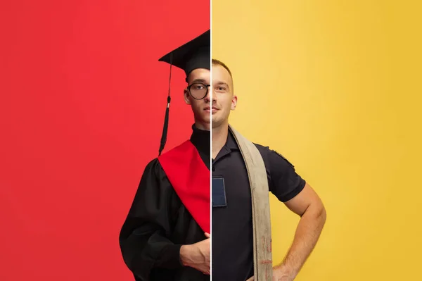 Kolaż człowieka i młodego chłopca, strażaka i absolwenta odizolowany na czerwono-żółtym tle — Zdjęcie stockowe