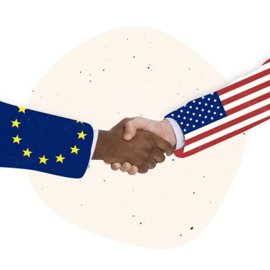 Çağdaş sanat kolajı. AB ve Amerika bayraklarıyla iki el, ortaklık ve işbirliğini sembolize ediyor