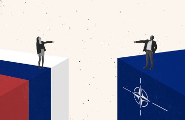 Çağdaş sanat kolajı. Kadın ve erkek birbirini işaret ediyor. Rusya ve NATO temsilcileri