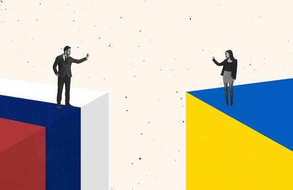 Collage de arte contemporáneo. Dos personas, hombre y mujer mostrando puños el uno al otro simbolizando la confrontación entre Rusia y Ucrania — Foto de Stock