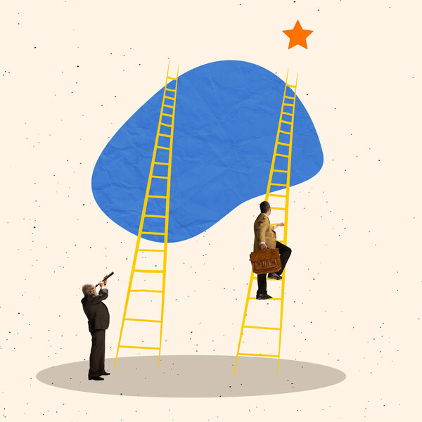 Творческий дизайн. Коллаж современного искусства бизнесмена, поднимающегося по лестнице к звезде. Лидера ищут в телескоп