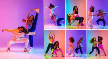 İki genç kız, neon rengi pembe arka planda çağdaş dans ediyorlar. Kolaj