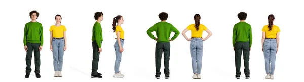 Collage. Full-length portraits of young girl and boy posing in casual cloth, standing in a line isolated over white studio background — Stock Photo, Image