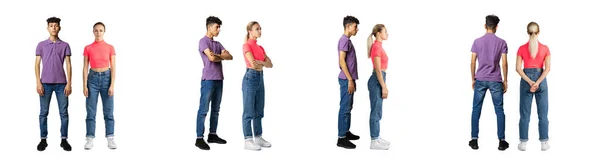 Collage. Full-length portraits of young girl and boy posing in casual cloth, standing in a line isolated over white studio background — Stock Photo, Image