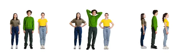 Collage. Full-length portraits of two young girls and boy posing in casual cloth, standing in a line isolated over white studio background — Stock Photo, Image