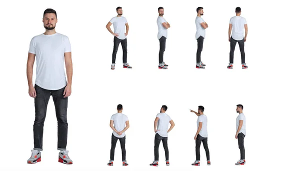 Collage di ritratti a figura intera di uomo in piedi in una linea, posa isolata su sfondo bianco studio — Foto Stock