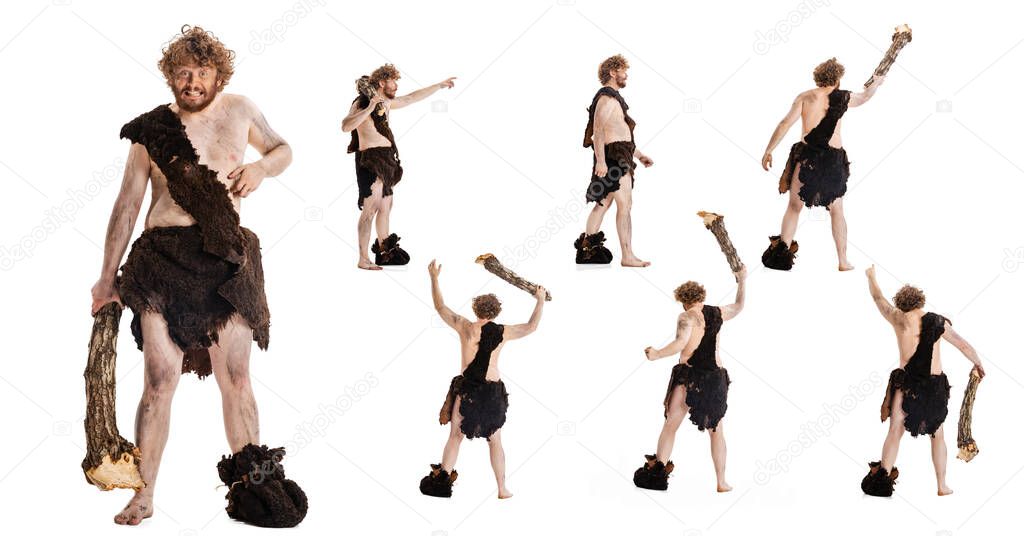 Collage. Full-length portrait of man in character of neanderthal posing isolated over white background