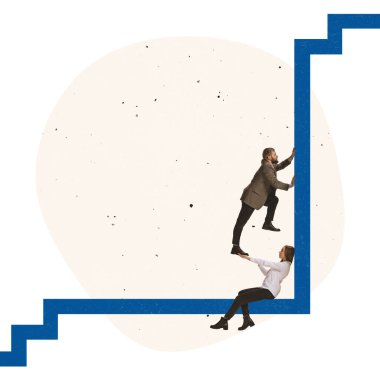 Yaratıcı tasarım. Çağdaş sanat kolajı. Kadın erkeğin zirveye ulaşmasına yardım ediyor, başarı basamağı.