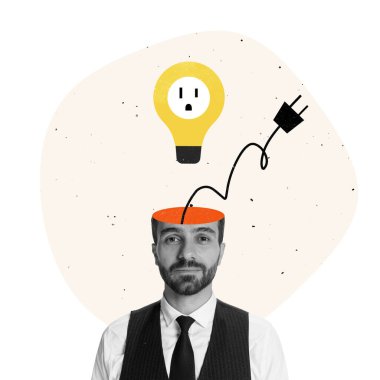 Çağdaş sanat kolajı. Kafasından ampul çıkan motivasyonlu çalışanın iş tasarımı
