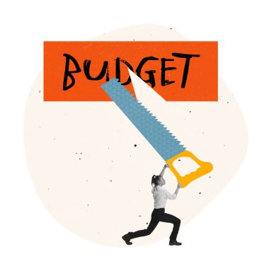 Yaratıcı tasarım. Çağdaş sanat kolajı. Ofis çalışanı ve kelime bütçesini kesen çalışanlar, finansmandaki azalmayı simgeliyor