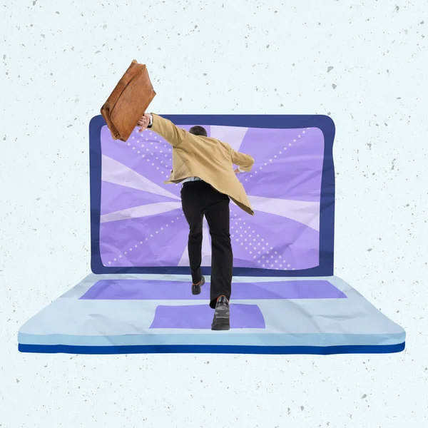 Κολάζ σύγχρονης τέχνης. Επιχειρηματίας τρέχει σε οθόνη laptop — Φωτογραφία Αρχείου