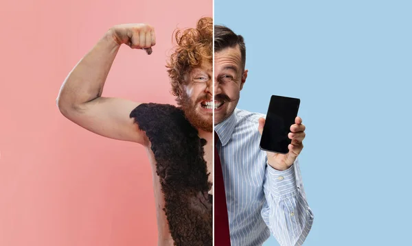Collage of two men, neanderthal person and businessman, office employee isolated over pink and blue background. Half-face — Stock Photo, Image