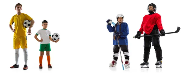 Коллаж женщины и девочки, профессиональные хоккеисты, молодой и подросток, футболисты позируют изолированные на белом фоне — стоковое фото