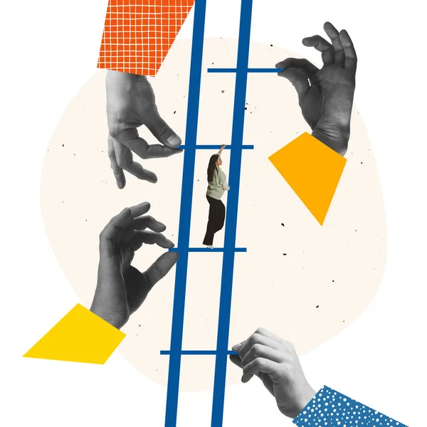 Creatief ontwerp. Hedendaagse kunst collage. Vier gigantische handen bouwen trappen en helpen jonge werknemer om de top te bereiken — Stockfoto