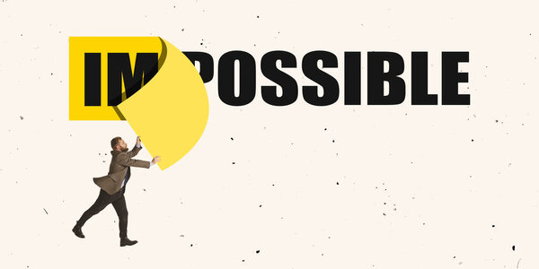 Contemporary art collage. Businessman, employee changing word impossible symbolizing that everything is possible
