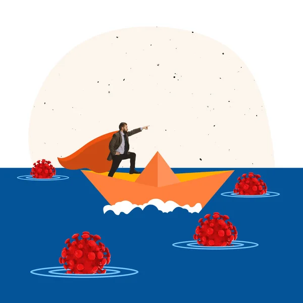 Desain kreatif. Kolase seni kontemporer. Pengusaha berlayar dengan perahu kertas melalui sel-sel virus melambangkan mengatasi masalah di seluruh dunia — Stok Foto