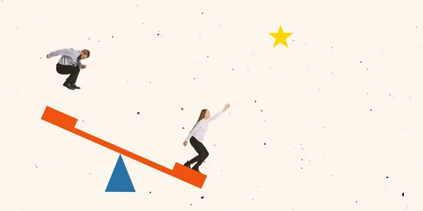 Creative design. Contemporary art collage. Businessman helping employee to reach the star of success — Stock Photo, Image