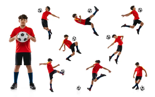 Collage. Portraits of teen boy, football player in red uniform training, posing isolated over white background — Foto Stock