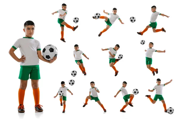 Full-length portret van jongen, kind, voetballer in uniform training geïsoleerd over witte achtergrond. Collage — Stockfoto