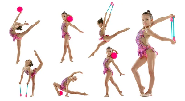 Koláž holčičky, rhytmická gymnastka, mladá žena cvičí, trénink izolovaný přes bílé pozadí — Stock fotografie