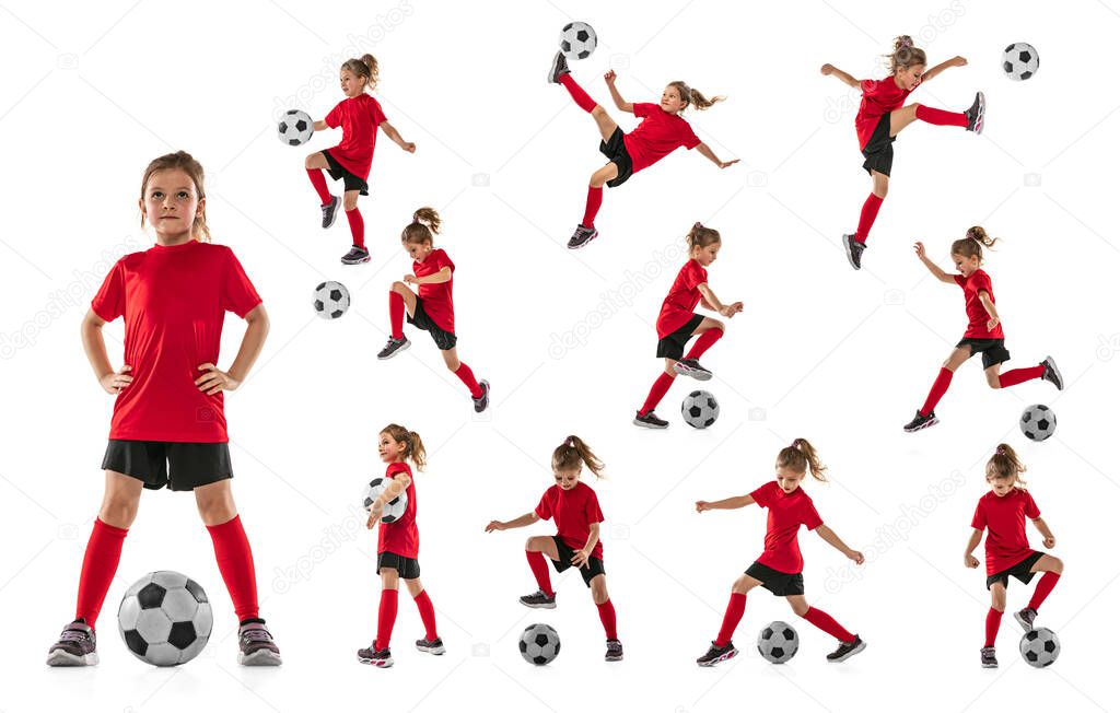 Collage. Portraits of little girl, football player in red uniform training, posing isolated over white background