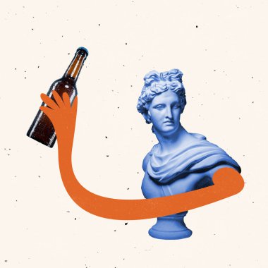 Çağdaş sanat kolajı, antik heykel büstü, gerçeküstü bir tarzda. Bira festivali