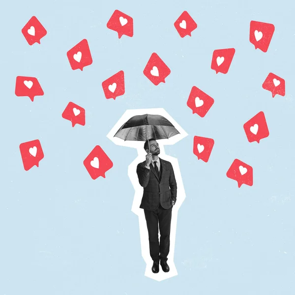 C ontemporary art collage. Pria dalam setelan jas berdiri dengan payung di bawah jatuh hati, seperti ikon — Stok Foto