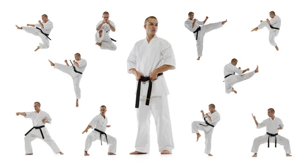 Kollázs fiatal sportos férfi fehér kimono gyakorló, edzés harcművészetek, karate elszigetelt fehér háttér — Stock Fotó
