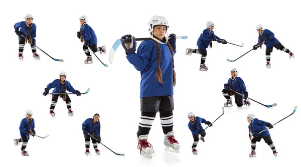 Kolaż nastolatki, profesjonalny hokeista w niebieskim mundurze ochronnym szkolenia izolowane na białym tle — Zdjęcie stockowe