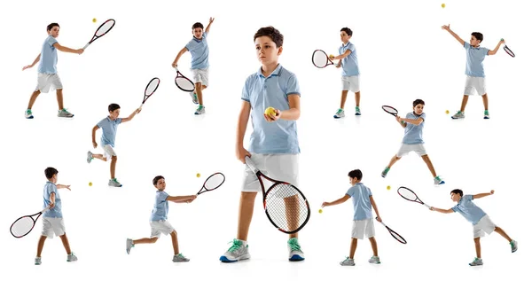 Genç çocuk kolajı, üniformalı tenisçi, beyaz arka planda izole çalışma. — Stok fotoğraf