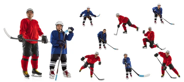 Collage ofman and girl, professional hockey players posing isolated over white background — Stock Photo, Image