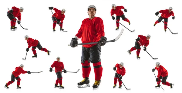 Full-length portret van professionele mannelijke hockeyspeler, keeper training geïsoleerd over witte achtergrond. Collage — Stockfoto