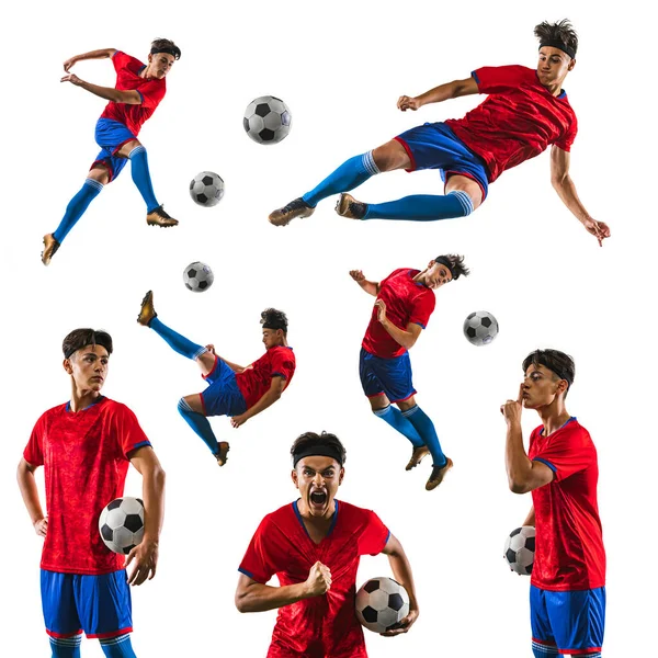 Collage. Ritratti di calciatore professionista in uniforme rossa in posa isolata su sfondo bianco — Foto Stock