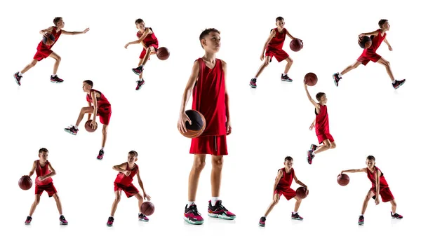 Collage van portret van tiener jongen, basketbalspeler in rood uniform spelen, training geïsoleerd over witte achtergrond — Stockfoto