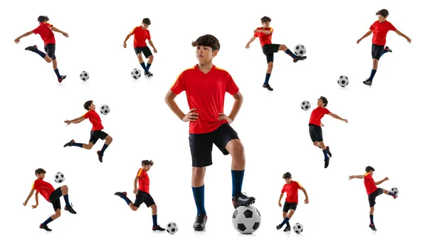 Collage. Portretten van tiener jongen, voetballer in rood uniform training, poseren geïsoleerd over witte achtergrond — Stockfoto