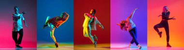 Kolaj. İki genç aktif çift, erkekler ve kızlar dans ederken derin derin düşüncelere dalıyorlar. Hip hop, neon renkli arka planda izole edilmiş.
