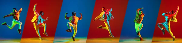 コラージュ。若いスタイリッシュな男の肖像、現代の動きのダンサー、ネオンで多色の背景に隔離されたヒップホップを実行 — ストック写真