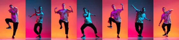 Kleurrijke collage. Jongeman dansend hip-hop geïsoleerd over veelkleurige achtergrond in neon lichten — Stockfoto