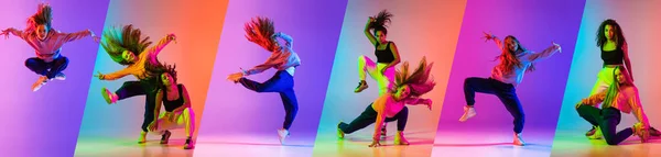 Duas meninas, dançando dança contemporânea em gradiente rosa fundo roxo em néon. Colagem — Fotografia de Stock