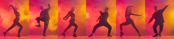 Collage van jong stel, jongen en meisje dansen hip-hop geïsoleerd over verloop roze gele achtergrond in neon — Stockfoto