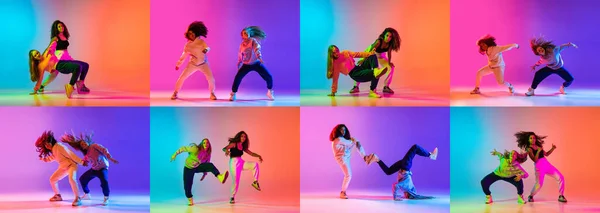 ネオンのグラデーションピンクのパープルを背景にコンテンポラリーダンスを踊る2人の少女。コラージュ — ストック写真