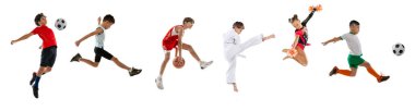 Kolaj. Spor yapan çocukların portresi, beyaz stüdyo arka planında izole edilmiş eğitim.
