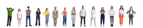 Κολάζ. 'νθρωποι, άνδρες και γυναίκες διαφόρων ηλικιών με καθημερινά ρούχα στέκονται σε μια γραμμή απομονωμένη σε λευκό φόντο στούντιο — Φωτογραφία Αρχείου