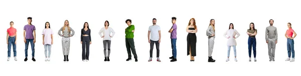 Collage. People, men and women, of different age in casual cloth standing in a line isolated over white background — Stock Photo, Image