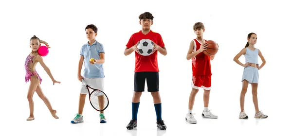 Collage di bambini, sportivi in posa in azione isolati su sfondo bianco studio — Foto Stock