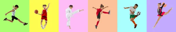 Colagem. Retrato de crianças esportivas em ação, treinamento isolado sobre fundo multicolorido — Fotografia de Stock