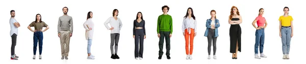 Collage with young men and women in casual cloth standin in a line, looking at camera isolated over white studio background — Stock Photo, Image