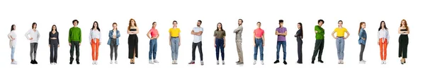 Collage. Människor, män och kvinnor i olika ålder, yrke, stil står i en linje isolerad över vit bakgrund — Stockfoto