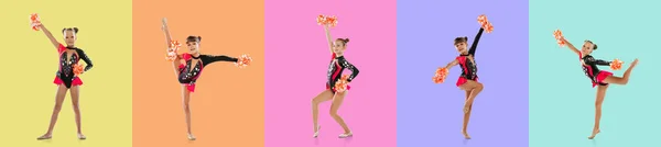 Collage van beelden van kleine meisjes, cheerleaders training geïsoleerd over veelkleurige achtergrond — Stockfoto